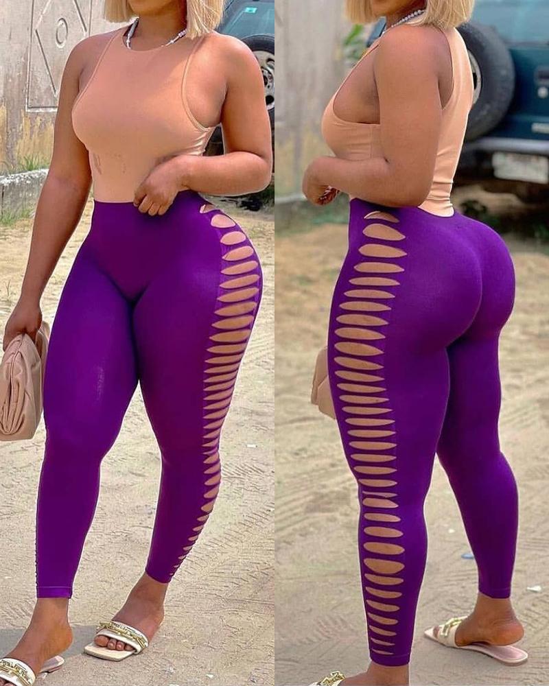 

Ladder Cutout High Waist Skinny Pants, Purple