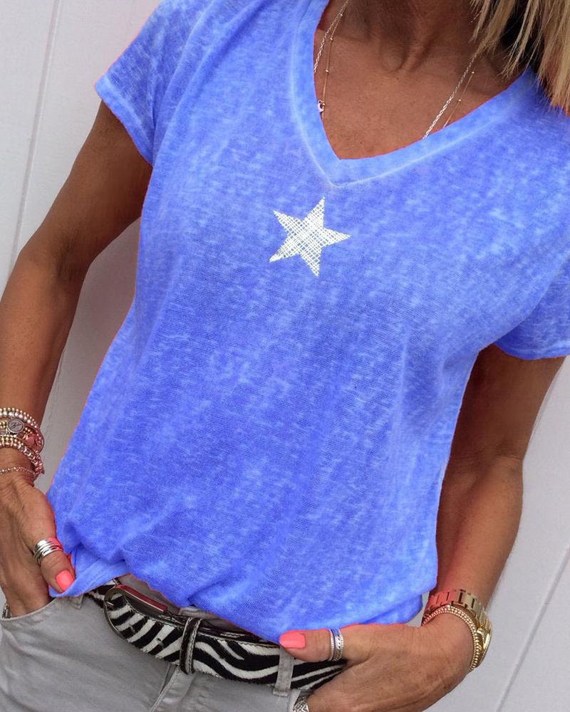

Star Print V-neck Casual T-shirt, Blue