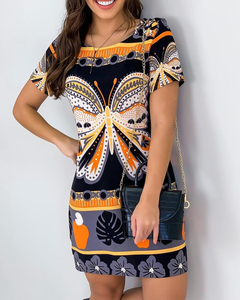 

Short Sleeve Butterfly Tropical Print Dress, Orange