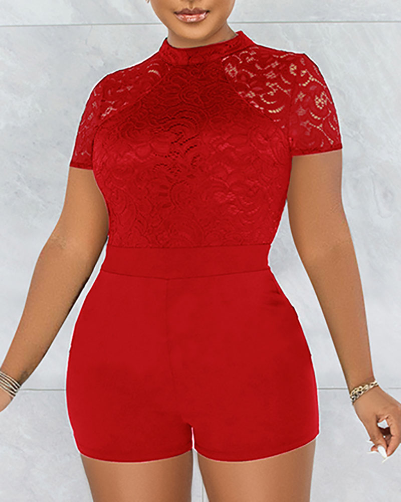 

Lace Patch O-Neck Short Sleeve Romper, Red