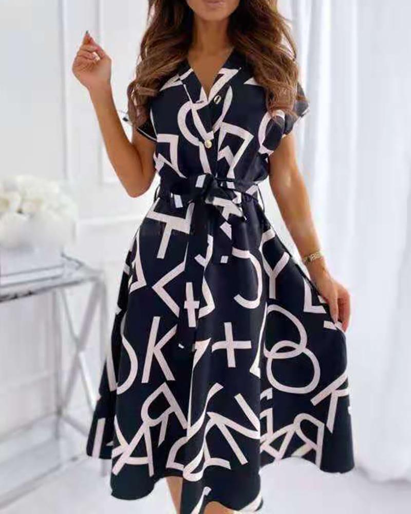 

Letter Print Button Front Short Sleeve Casual Dress, Black