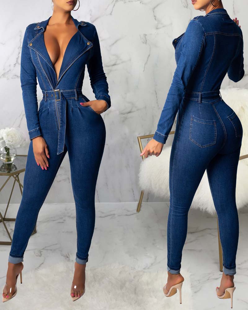 

Long Sleeve Pocket Design Skinny Denim Jumpsuit, Blue