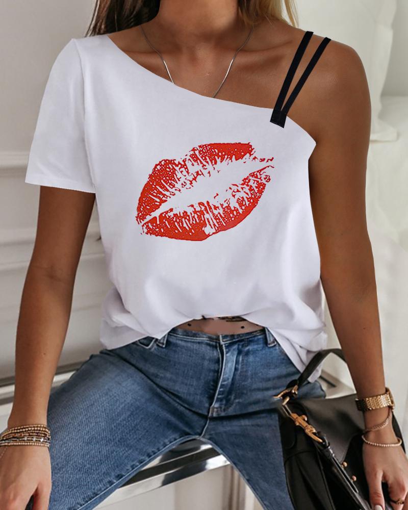 

One Shoulder Lip Print Casual T-shirt, White