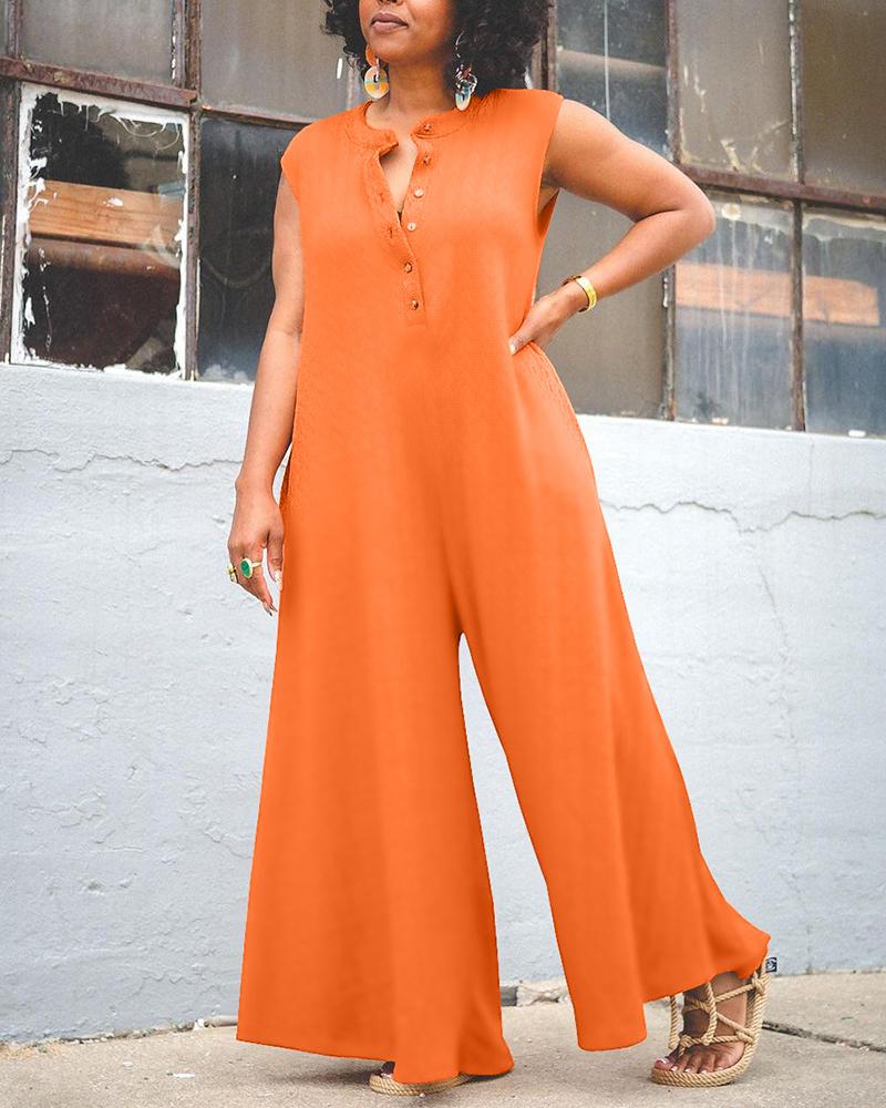 

Plus Size Buttoned Sleeveless Wide Leg Jumpsuit, Orange