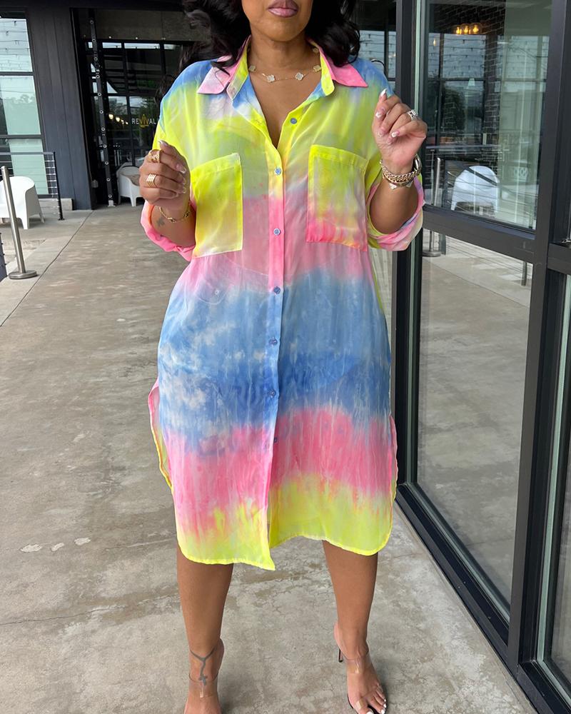 

Tie Dye Print Ombre Pocket Design Slit Shirt Dress, Multicolor