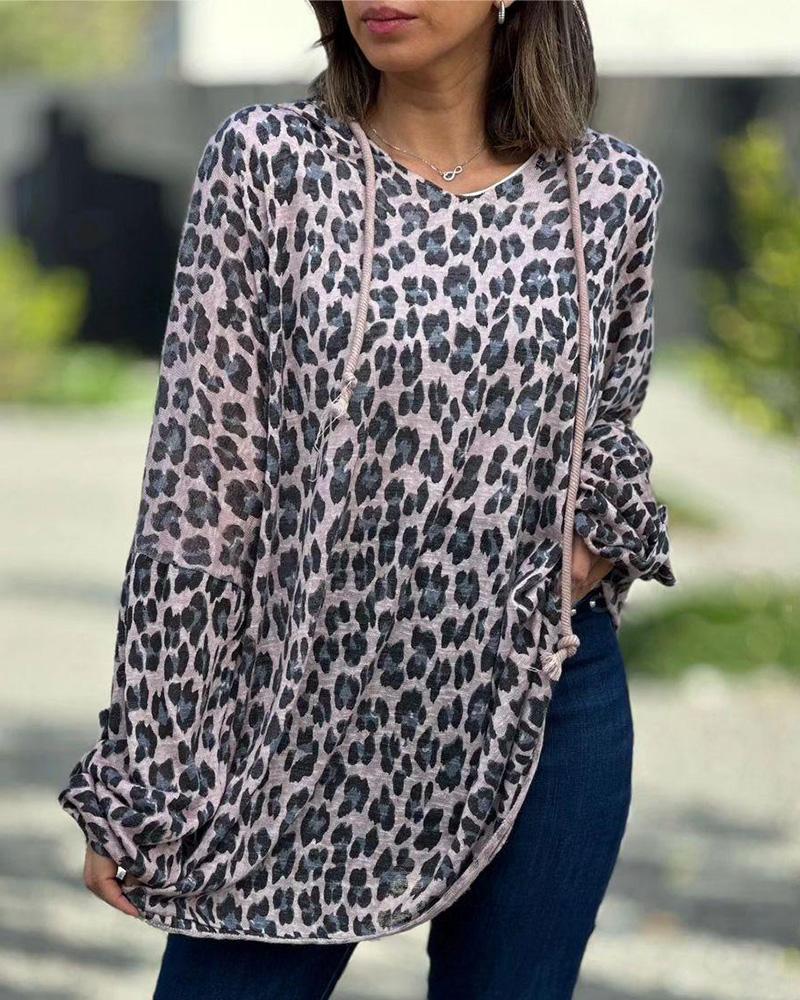 

Leopard Print Hooded Casual Top, Pink