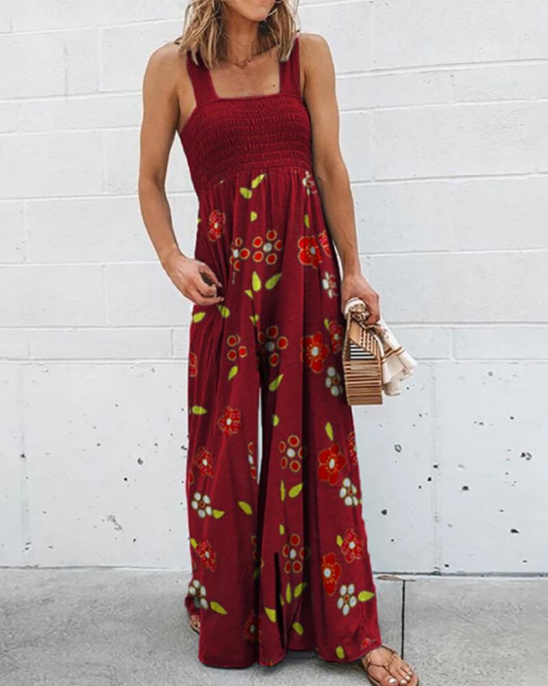 

Floral Print Shirring Detail Wide Leg Jumpsuit, Red