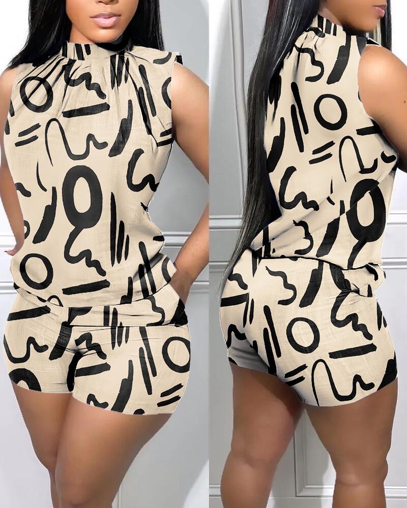 

Abstract Print Casual Tank Top & Shorts Set, Apricot