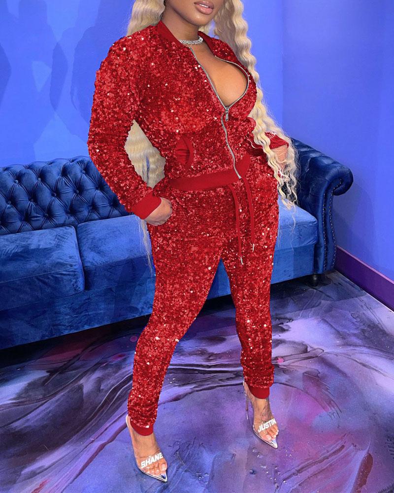 

Sequin Long Sleeve Zip Up Coat & Pants Set, Red