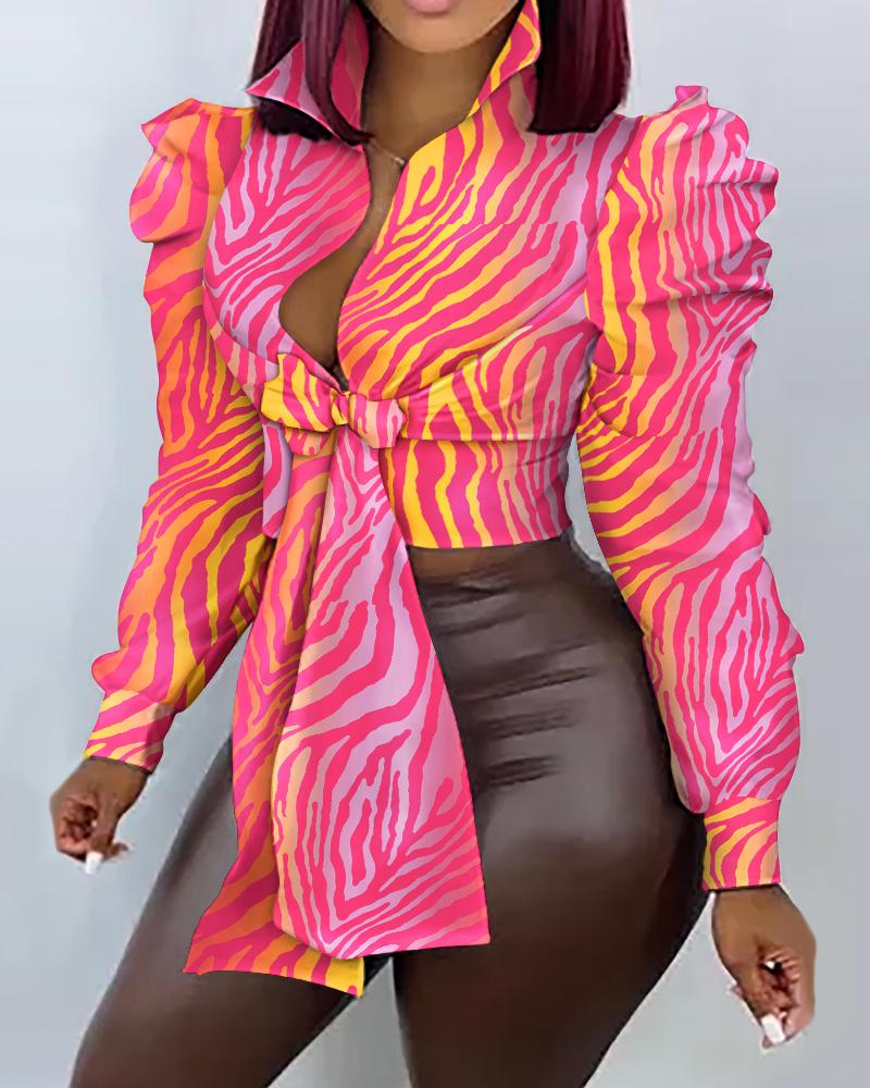 

Zebra Stripe Print Tied Detail Puff Sleeve Top, Hot pink