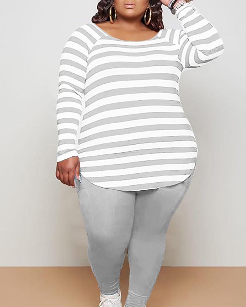 

Plus Size Long Sleeve Striped Top & High Waist Pants Set, Gray