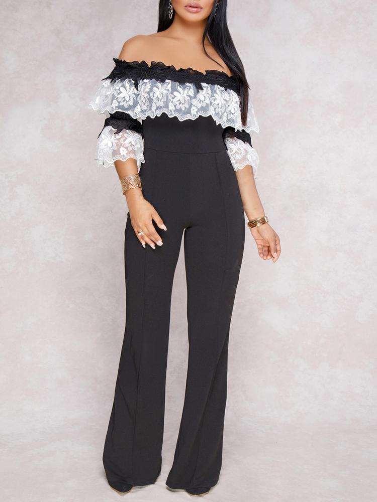 

Guipure Lace Patchwork Bardot Jumpsuit, Black