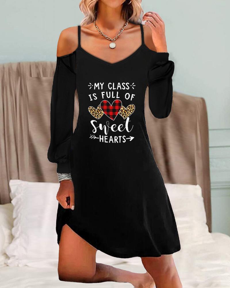 

Valentine' Day Heart Letter Print Cold Shoulder Casual Dress, Black