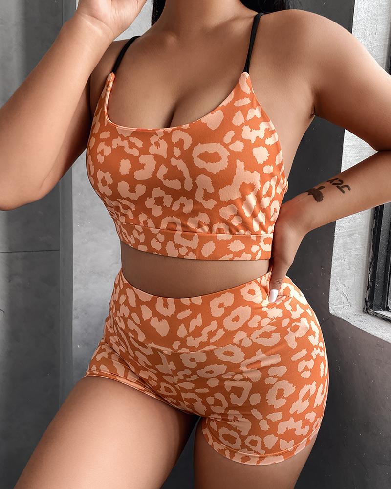 

Cheetah Print Crisscross Backless High Waist Active Set, Orange