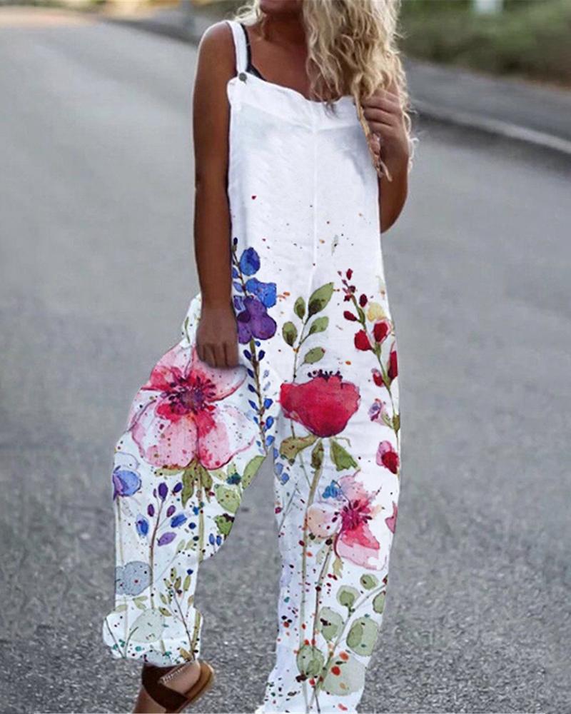 

Wide Leg Floral Print Sleeveless Jumpsuit, White