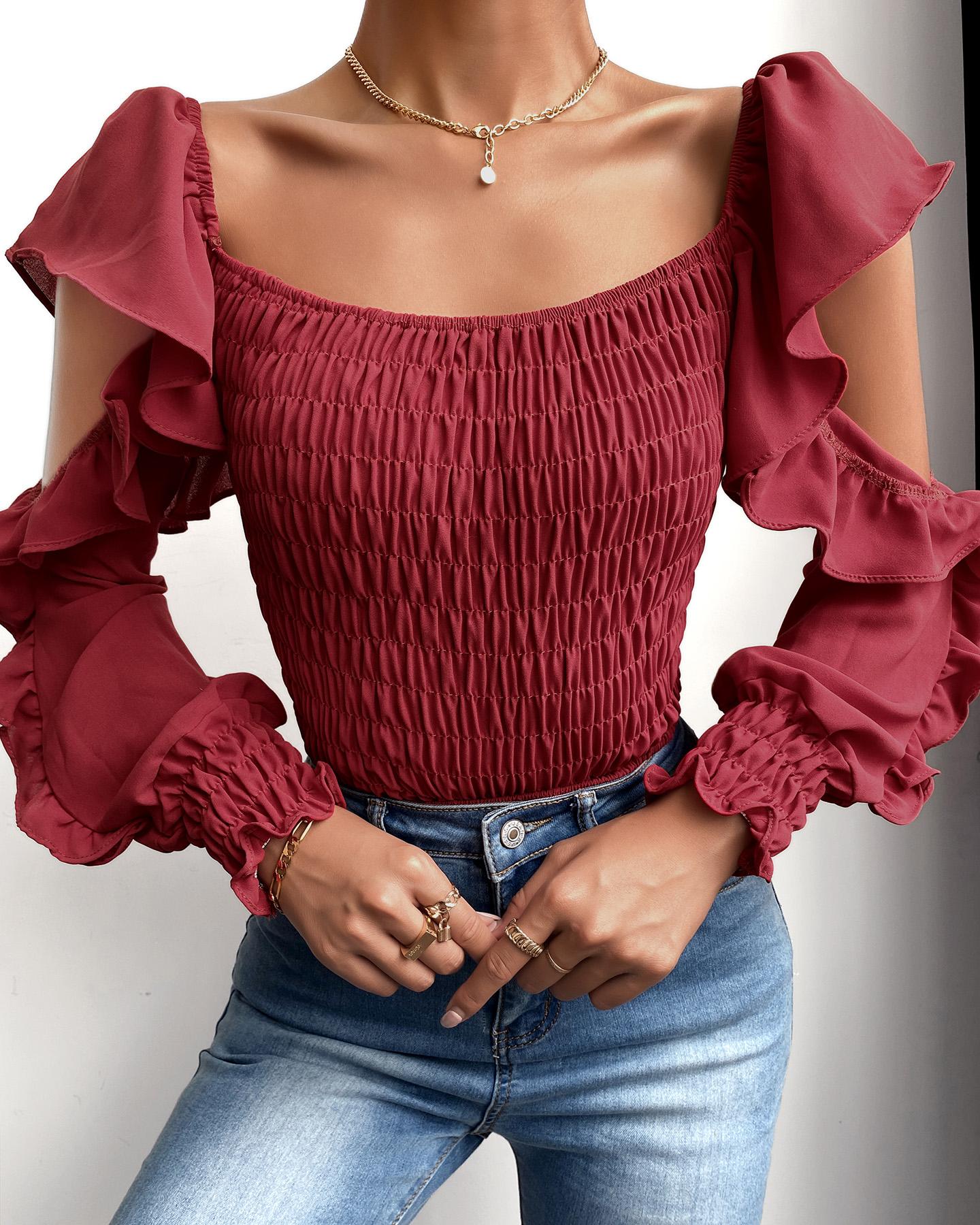 

Ruffles Frill Hem Cutout Shirring Detail Top, Red