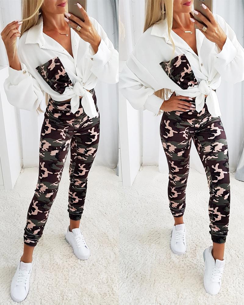 

Camouflage Print Pocket Design Shirt & Pants Set, Camoflage