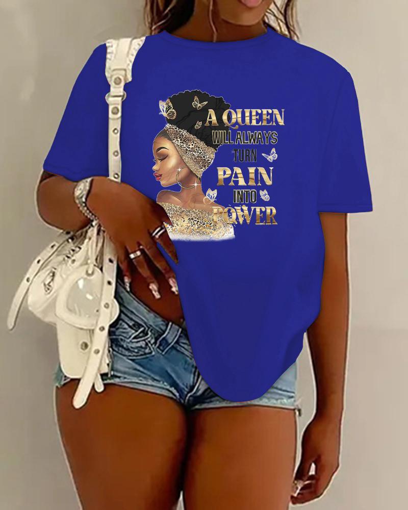 

Figure Queen Slogan Print Crew Neck Casual T-shirt, Blue