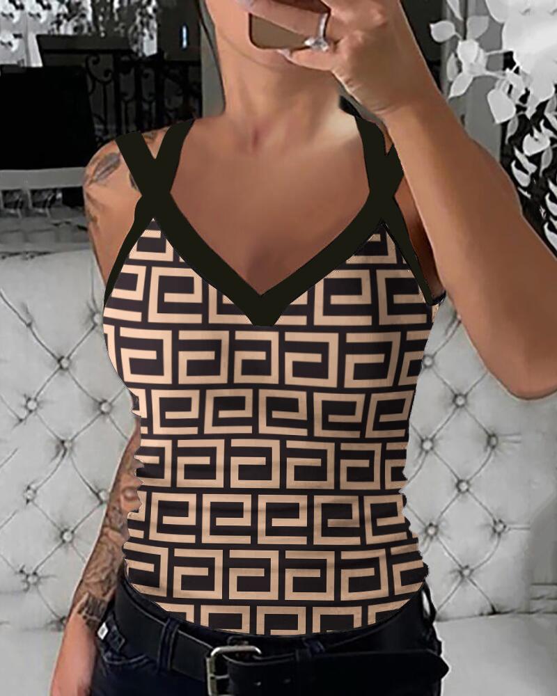 

Geometric Print V-Neck Tank Top, Khaki