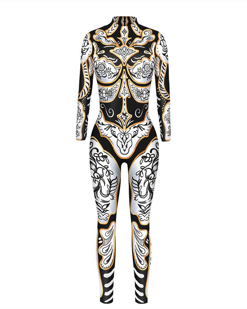 

Long Sleeve Skeleton Pattern Print Skinny Halloween Costume Jumpsuit, Style1