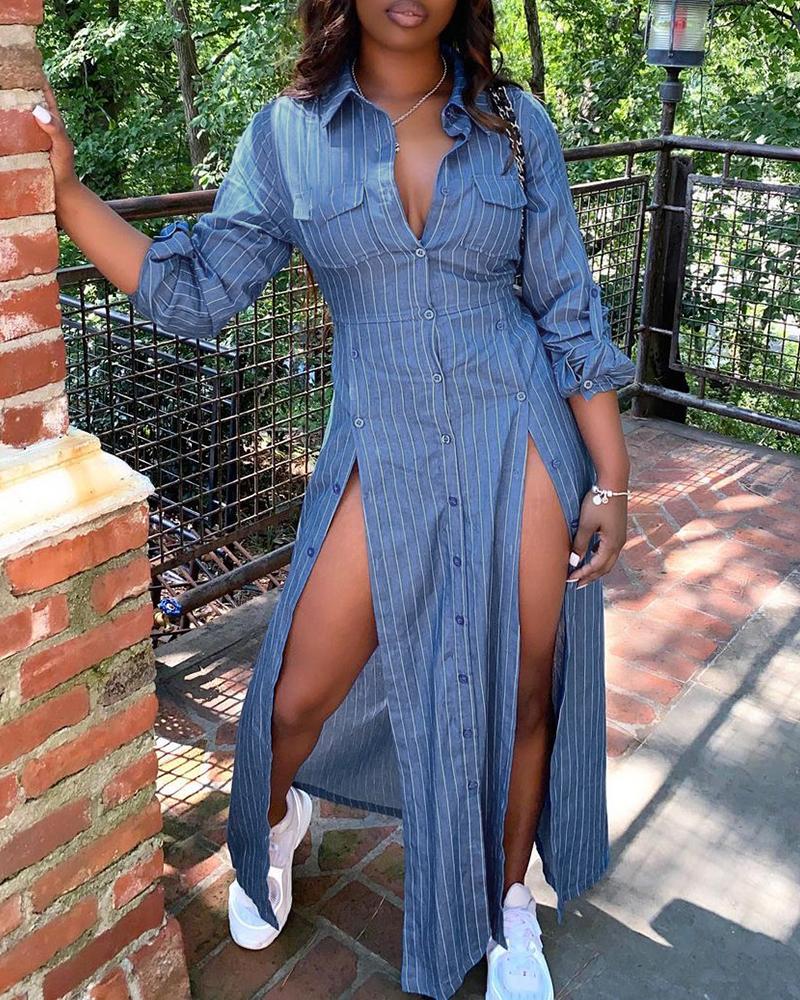 

High Slit Striped Print Buttoned Maxi Shirt Dress, Blue