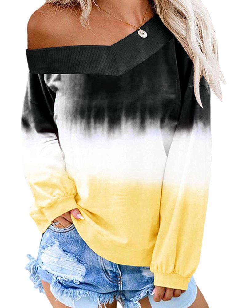 

V Neck Long Sleeve Ombre Colorblock Top, Black