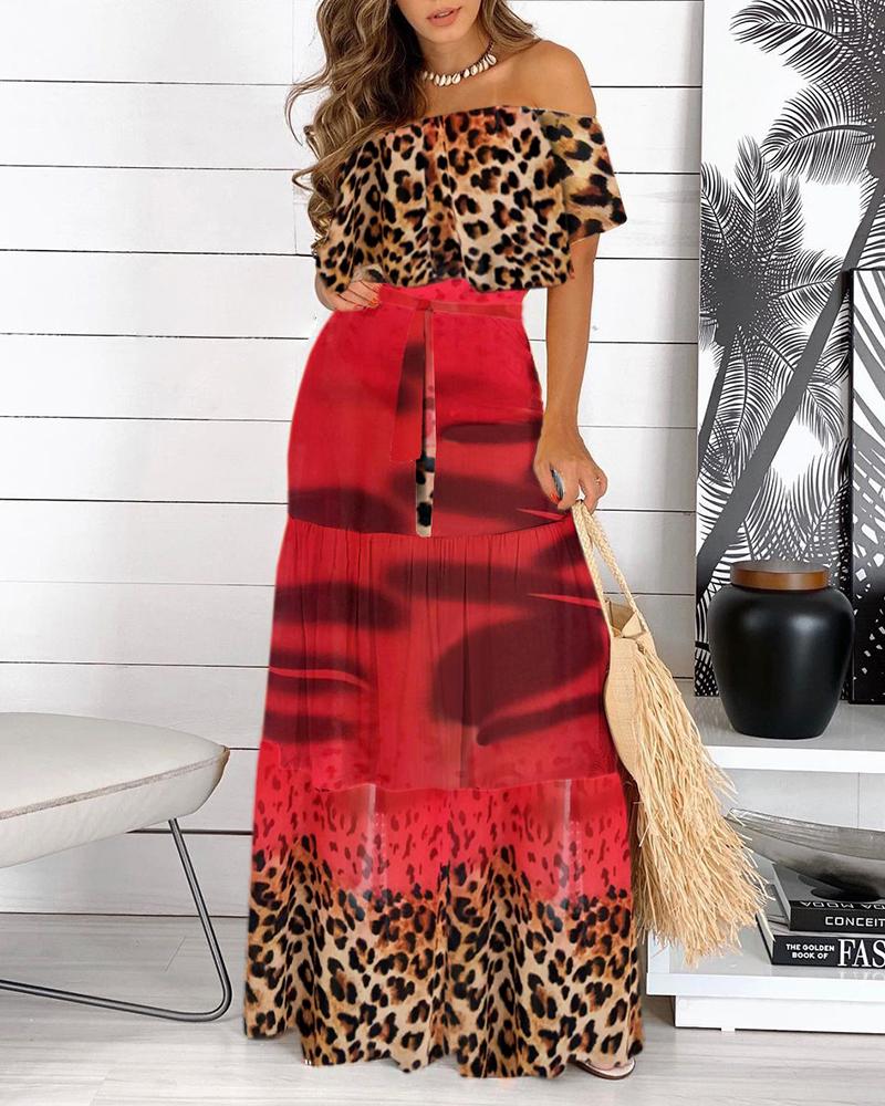 

Cheetah Print Colorblock Off Shoulder Maxi Dress, Red