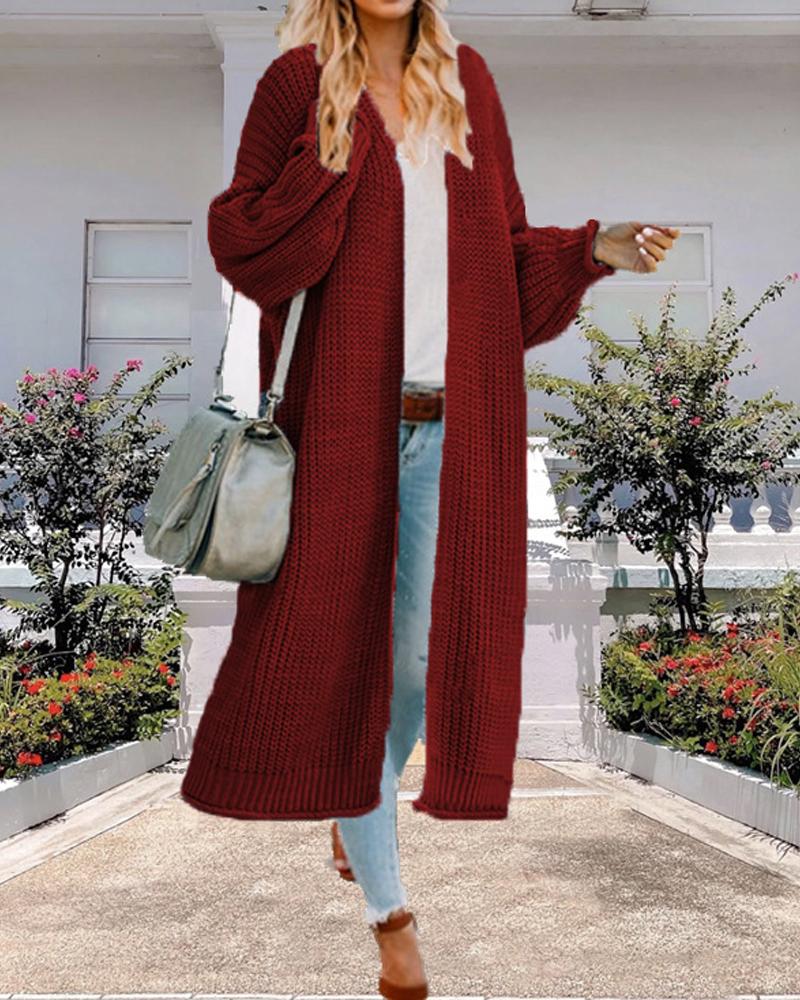 

Lantern Sleeve Open Front Chunky Knit Longline Cardigan, Wine red