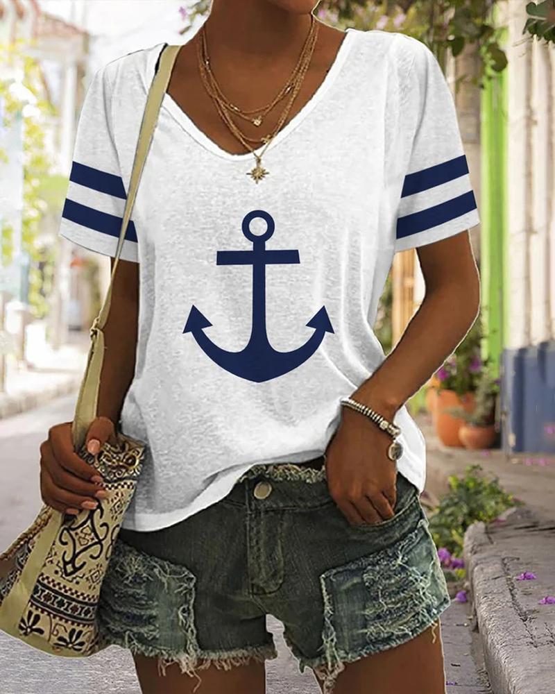

Anchor Print V-Neck Casual T-shirt, White