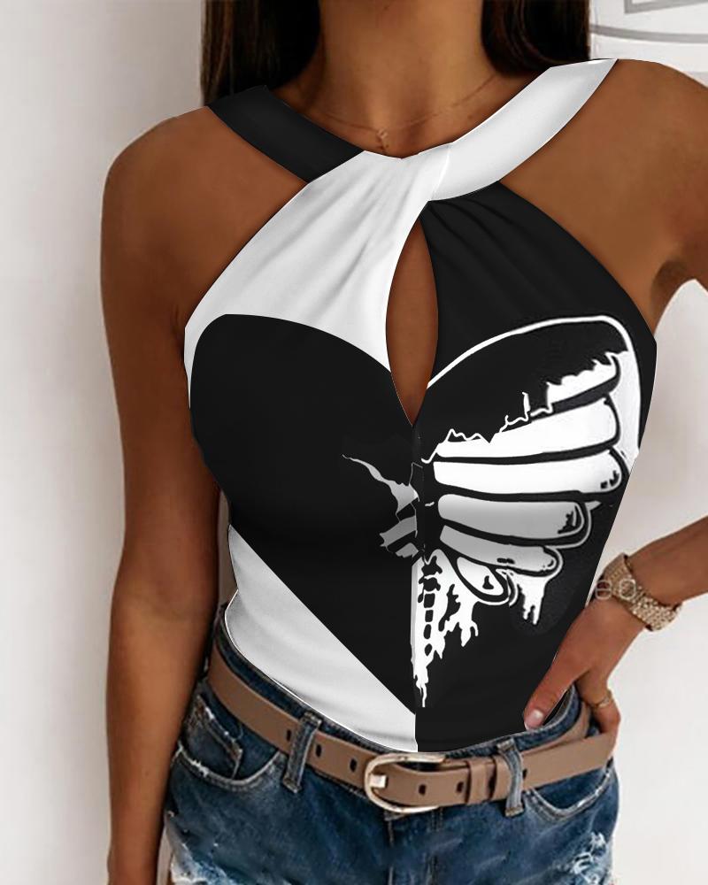 

Butterfly Print Colorblock Keyhole Neck Tank Top, Blackwhite