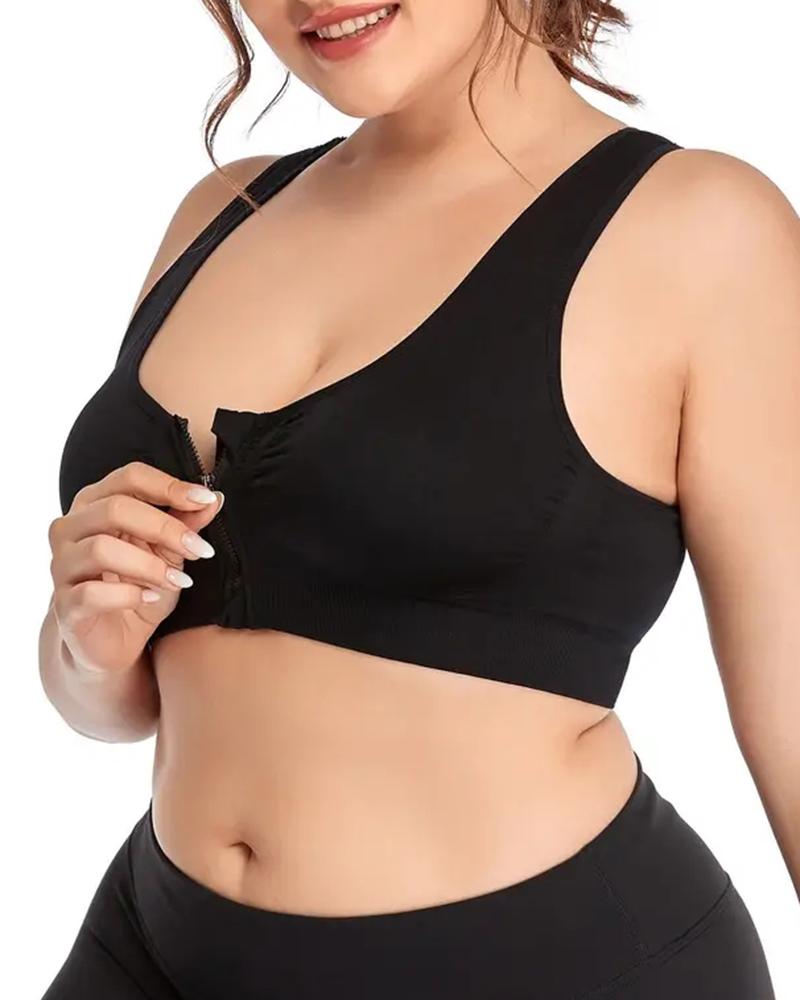 

Plus Size Zip Up Removable Padding Full Coverage Sports Bra, Black