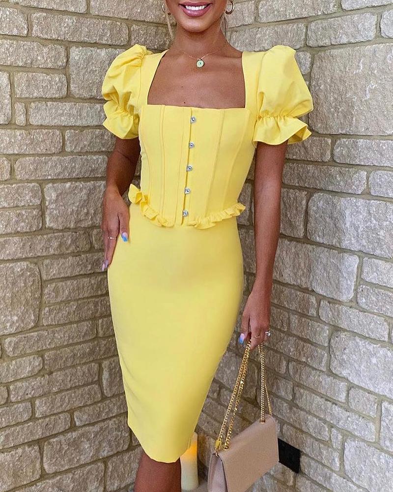 

Pastel Puff Sleeve Buttoned Corset Midi Dress, Yellow