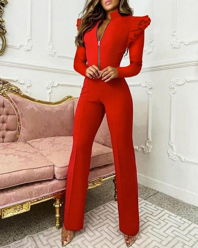 

Ruffles Long Sleeve Zipper Design Skinny Jumpsuit, Red
