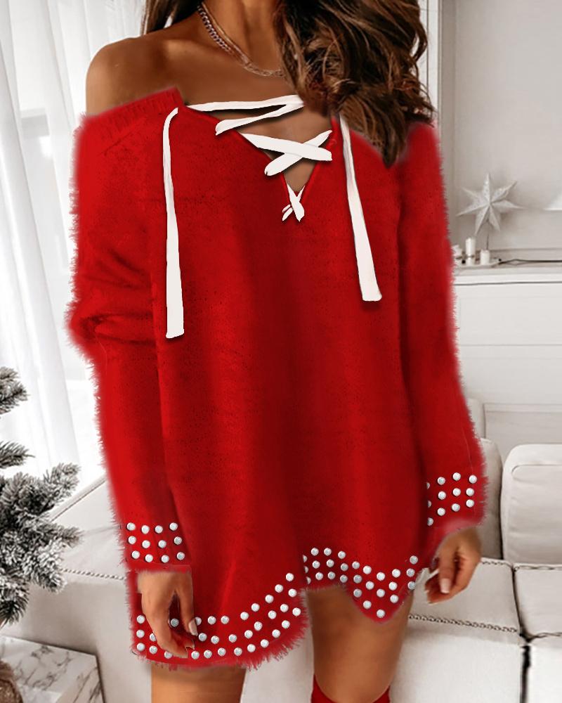 

Fluffy Lace-up Studded Long Sleeve Knit Dress, Red