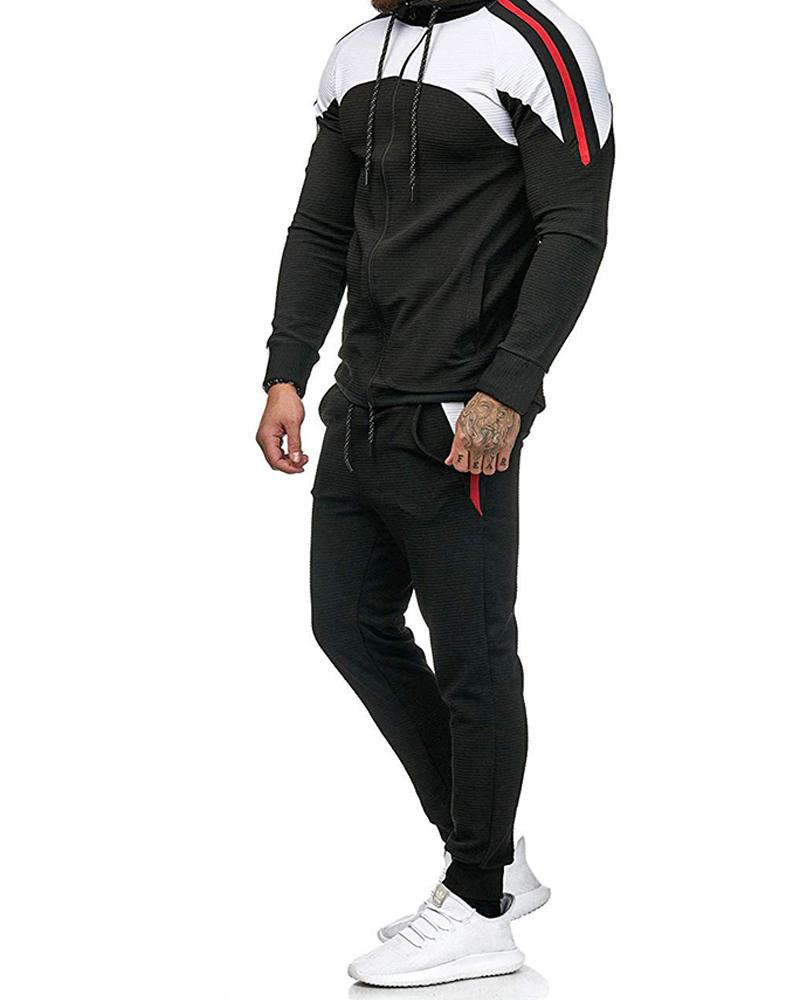 

Colorblock Long Sleeve Loose Hoodies Sweatshirts Suit Sets, Black