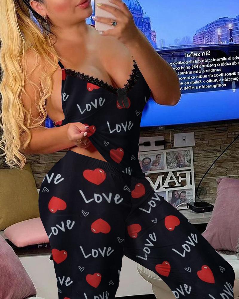 

Heart Letter Print Lace Trim Bowknot Pajamas Set, Black