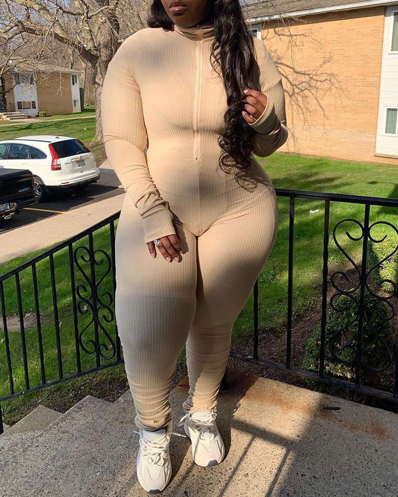 

Plus Size Ribbed Plain Zipper Design Jumpsuit, Khaki