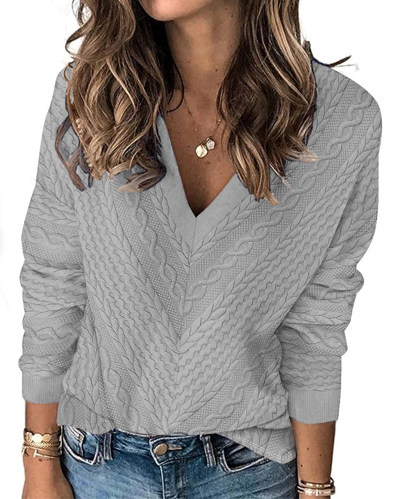 

V-Neck Long Sleeve Cable Textured Top, Gray