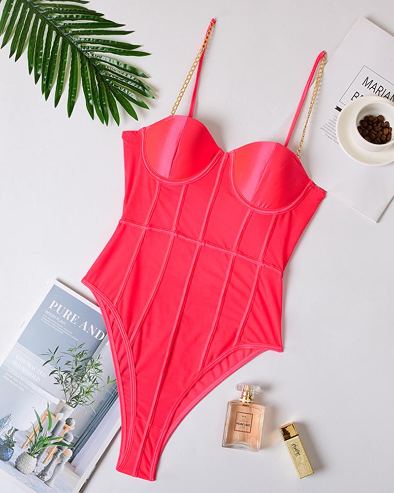 

Solid Chain Backless Bodysuit, Pink