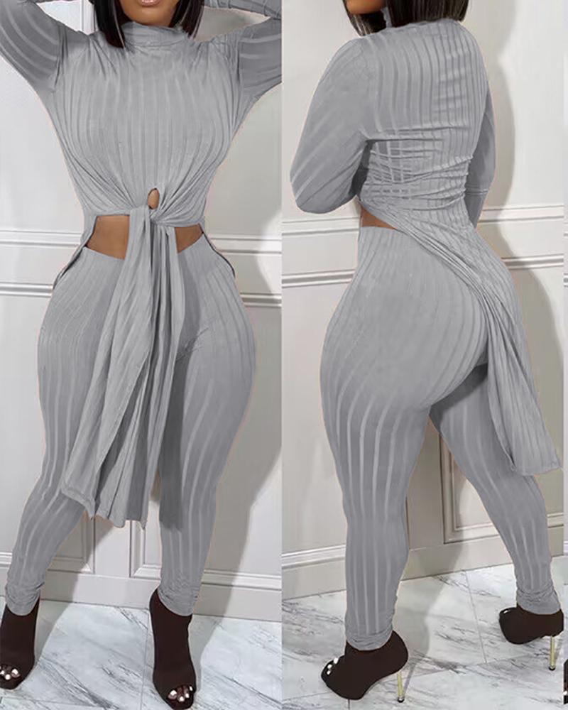 

Mock Neck Slit Tied Detail Longline Top & Pants Set, Gray