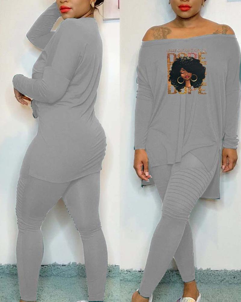 

Figure Letter Print Dip Hem Top & Pants Set, Gray