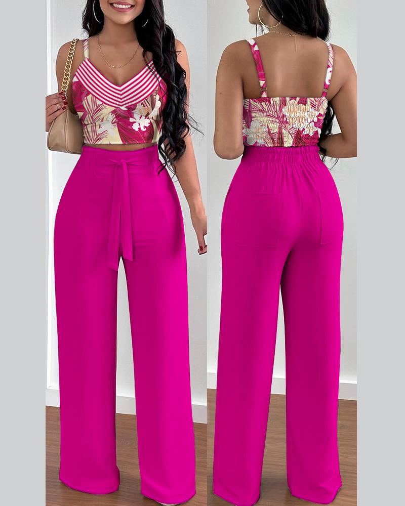 

Tropical Print Shirred Crop Top & High Waist Pants Set, Hot pink