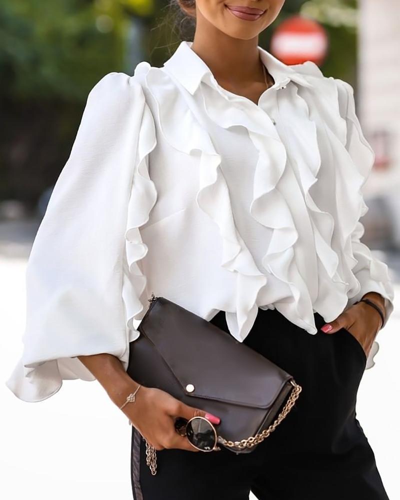 

Ruffle Hem Lantern Sleeve Top, White