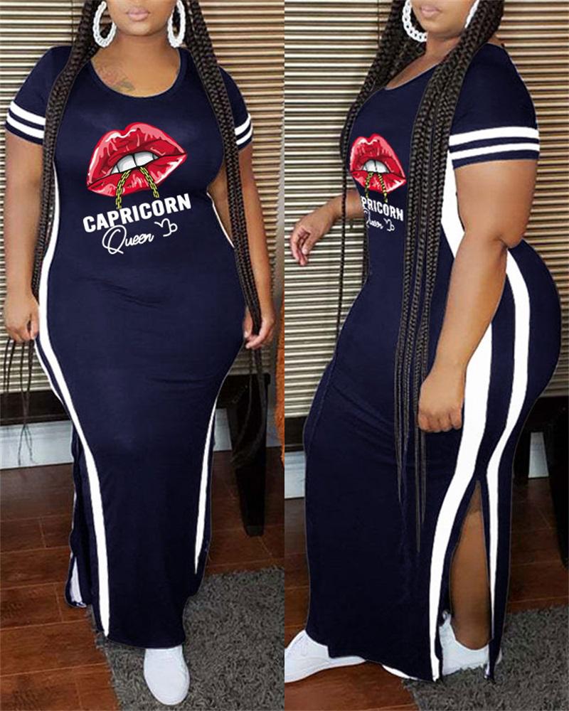 

Plus Size Lip Letter Print Split Hem Maxi Dress, Purplish blue