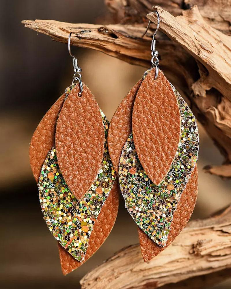 

1Pair Sequined Leaf-Shaped Layered Earrings, Orange