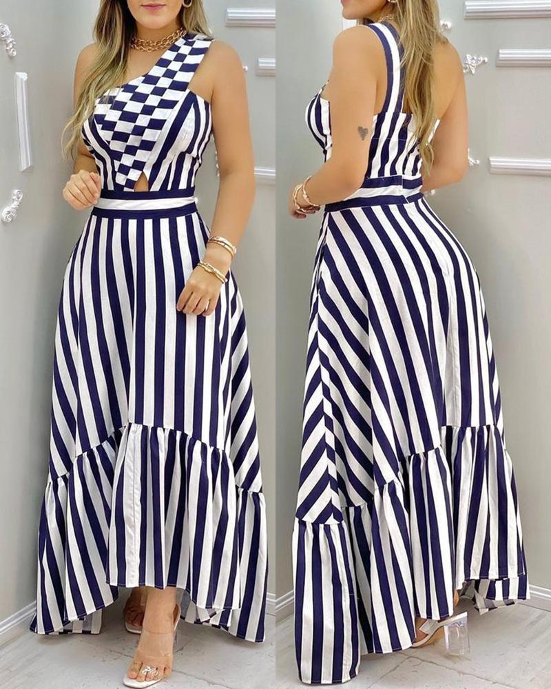 

One Shoulder Striped Print Cutout Casual Dress, Purplish blue