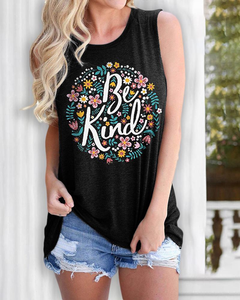 

Letter Floral Print Casual Tank Top, Black