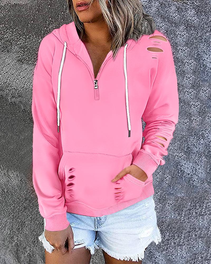 

Zipper Pocket Design Cutout Casual Hoodie, Pink