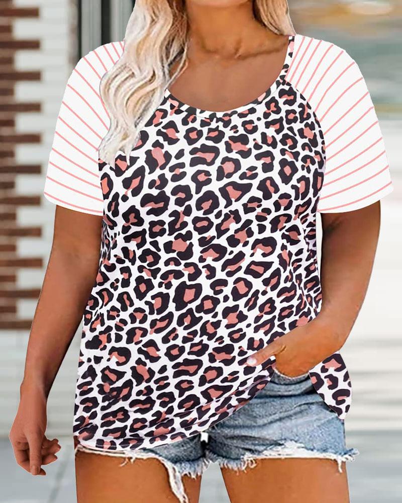 

Plus Size Leopard Print Short Sleeve Casual T-shirt, Pink