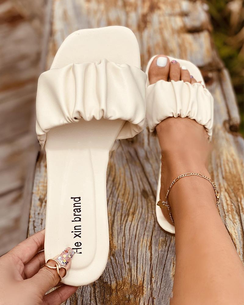 

Solid Elastic Band Upper Open-toe Flat Sandals, Beige